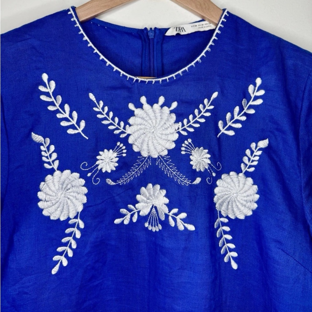 ZARA Women’s Blue Linen Embroidered Flower Short Sleeve mini Dress MEDIUM - Picture 2 of 5